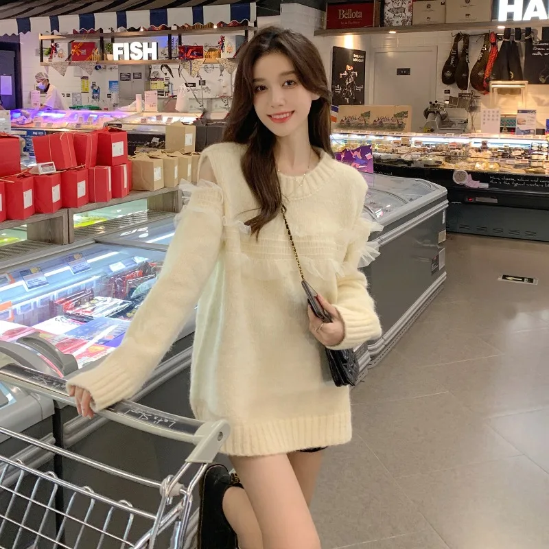 

Sweater female design cold shoulder stitching strapless lazy knit sweater 2021 autumn and winter new loose tops