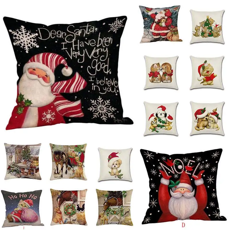 

Santa Claus Cute Dog Throw Pillowcase Cotton Linen Festive Beautiful Decoration Home Sofa Car Seat 45*45 cm Cushion Cover