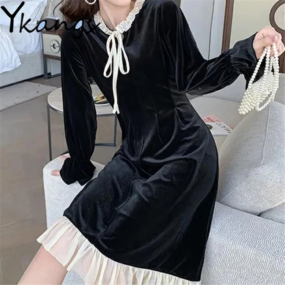 

Черное приталенное сказочное платье с оборками, элегантное винтажное платье в Корейском стиле на шнуровке с длинным рукавом, женская одежд...