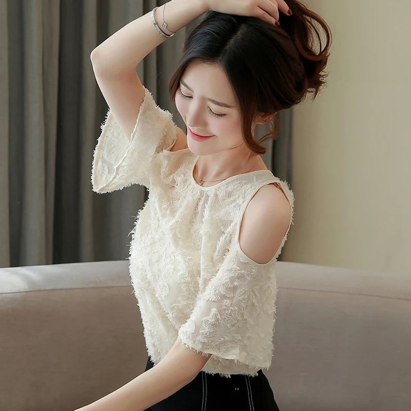 

New 2021 Short Sleeve Women Blouses Bow Casual Off Shoulder Women Tops O-neck Elegant Solid Women Clothing Office Lady 5566 50