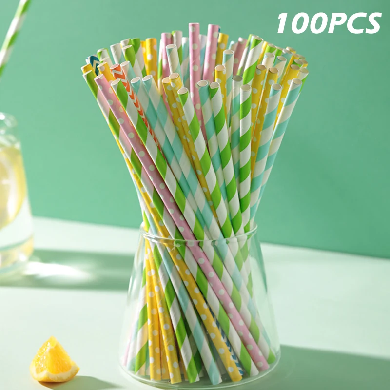 100Pcs Disposable Colorful Striped Dot Paper Straws Holiday Wedding Birthday Party Supplies