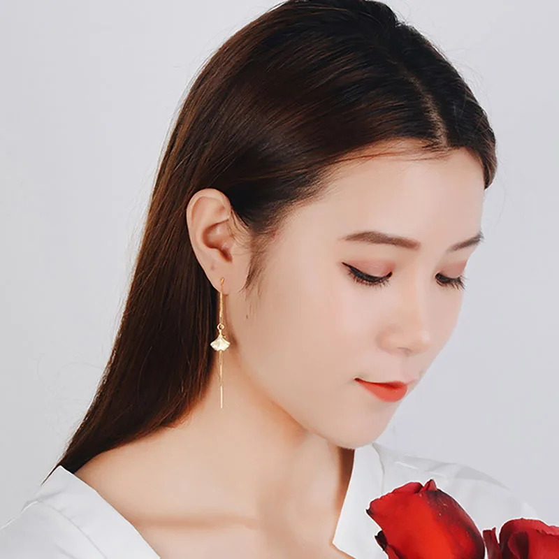 MEETSOFT 925 Sterling Silver Prevent Allergy Drop Earrings for Women Trendy Design Small Ginkgo Biloba Jewelry Gift | Украшения и