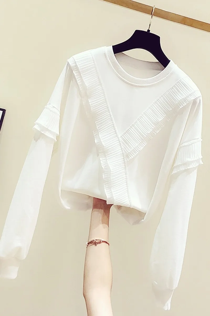 

2020 New Korea-style Autumn Women Clothes Patchwork Ruffles O Neck Pullovers Top Long-sleeved Solid White Sweatshirts Students
