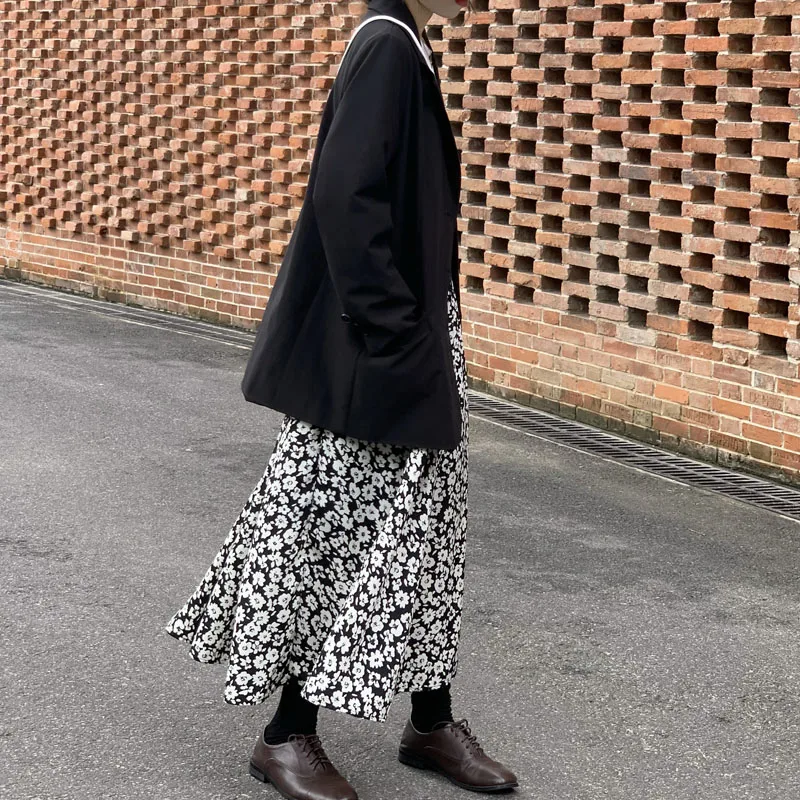 

Early Autumn New Korean Style daisy print Elastic Waist All-match Skirt Women's Slim A- line skirt