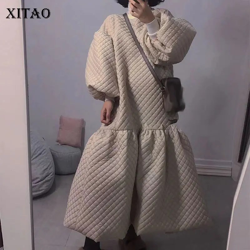 

XITAO Solid Color Patchwork Pocket Puff Sleeve Pullover Dress 2021 Winter New Casual Fashion Temperament All Match GWJ2387