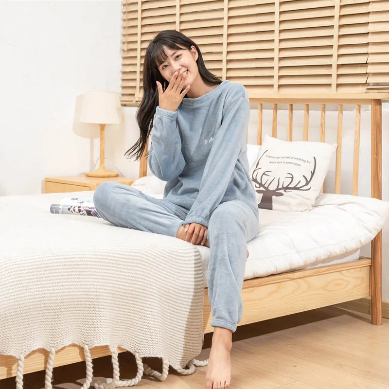 Зимние женские пижамы топ с длинными рукавами + штаны домашняя одежда утолщенная