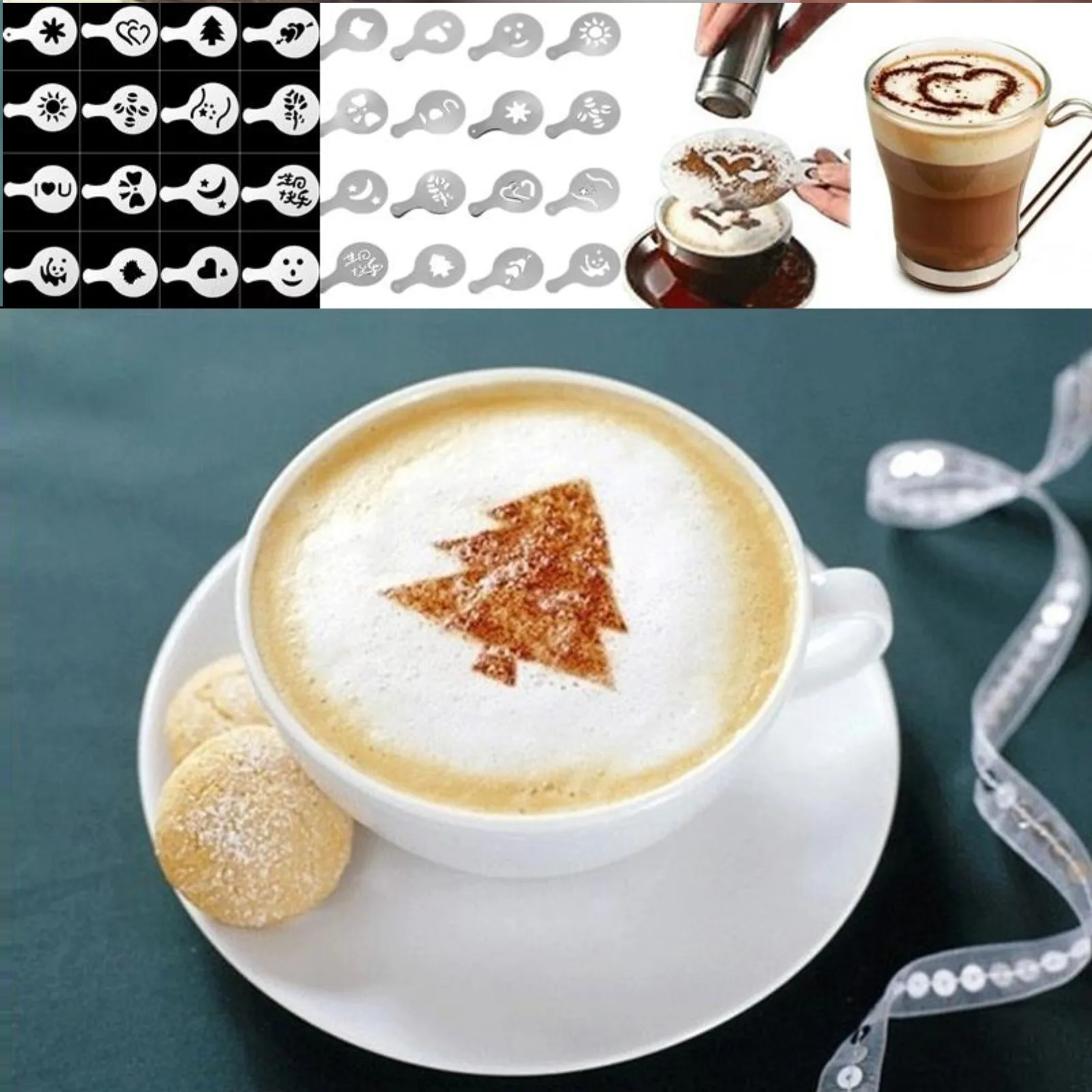 

16PCS Cappuccino Mold Fancy Coffee Printing Model Cake Stencils Powdered Sugar Chocolate​ Cocoa Coffee Printing Assembly Tools
