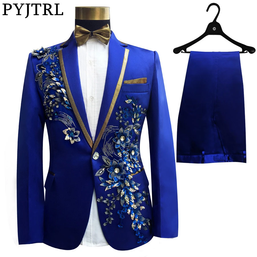 

PYJTRL Three-Piece Set Suits Mens Singers Perform Stage Show Sequins Embroidered Flower Red Blue Pink Wedding Suit Costume Homme