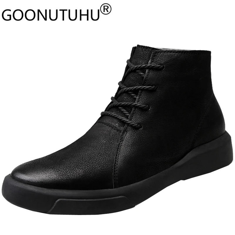 Мужские зимние ботинки из натуральной кожи Черные ботильоны с плюшевой