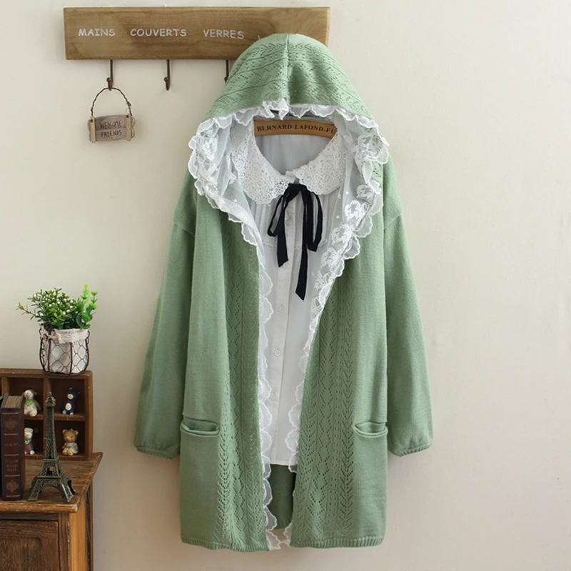 Женские однотонные вязаные кардиганы с кружевом и оборками повседневная