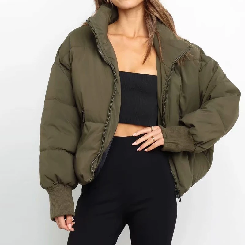 INS Style Women's 2021 Autumn and Winter Style Stand-up Collar Zippered Bread Suit Double Pocket Long Sleeve Basic Cotton Suit