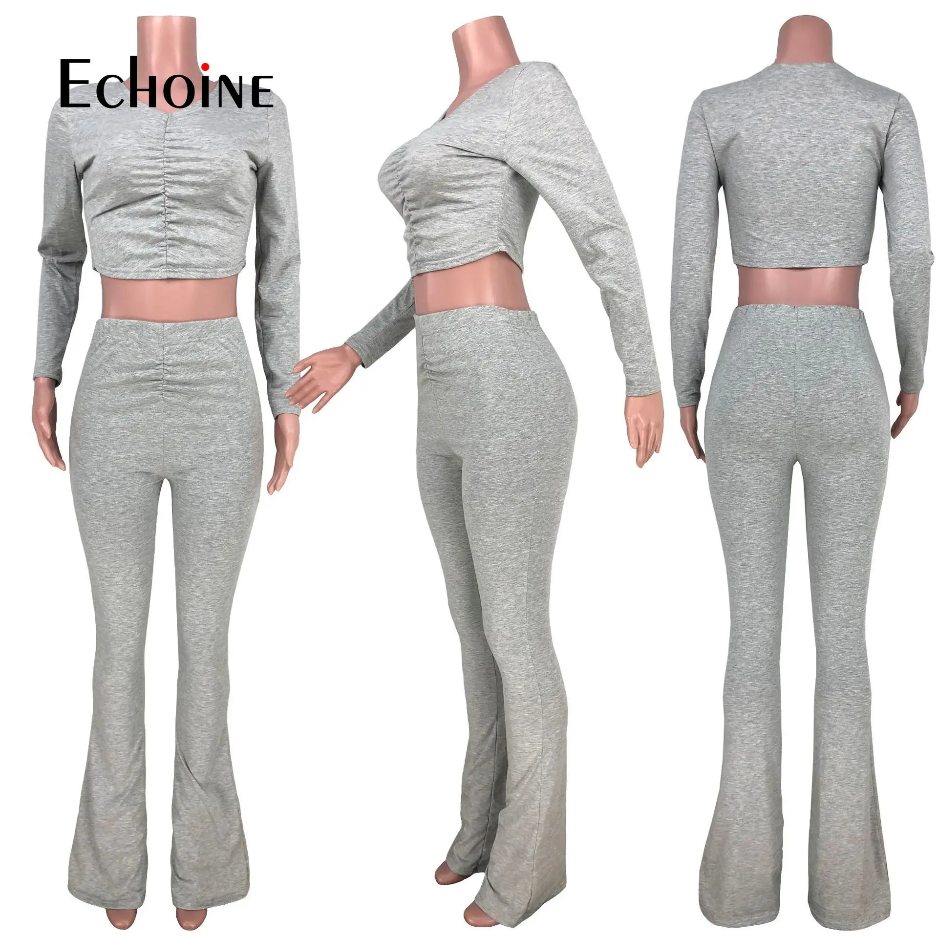 

Echoine Women autumn Solid Two Piece Set Long Sleeve Stacked Tee Tops Jogger Sweatpants Suit Tracksuit Matching Fitness Outfits