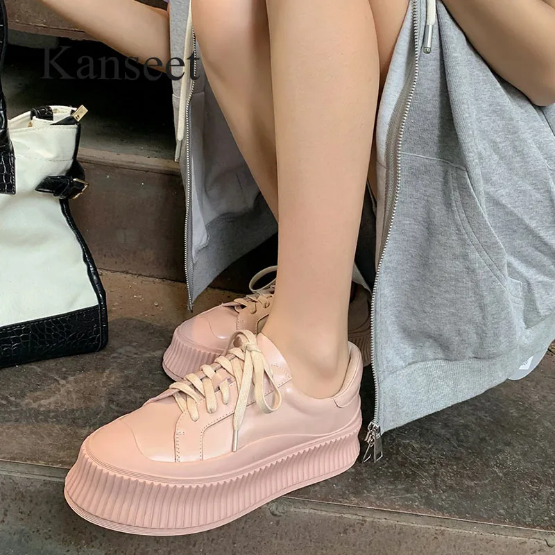 

Kanseet New Female Flats 2022 Spring Women's Shoes Round Toe Lace Up Genuine Leather Casual Lady Platform Footwear Pink Size 40