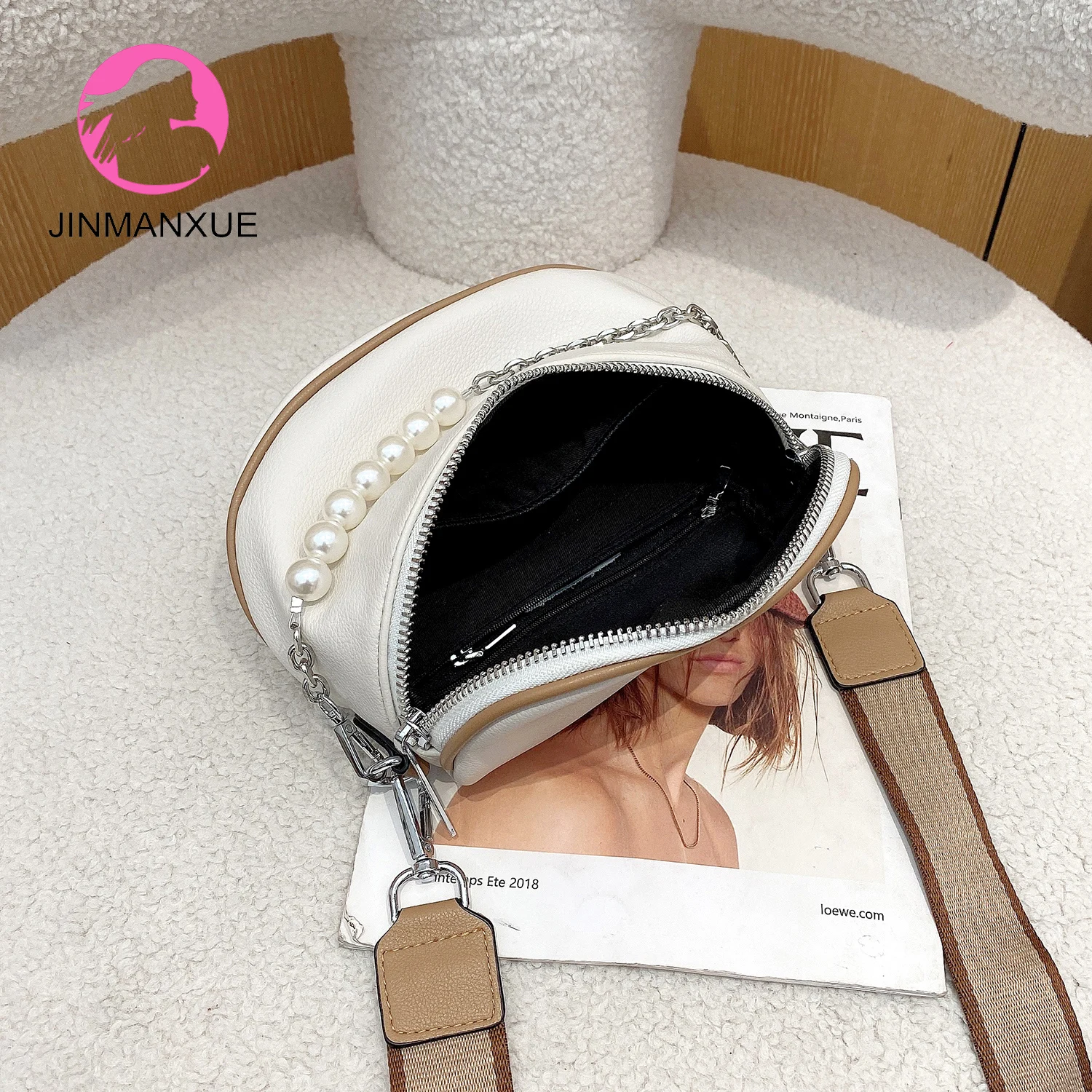 

Soft Split Leather Women Saddle Bag Pearl Chain Shoulder Bags New Luxury Purses Crossbody Designer Handbags Branded Sac A Main