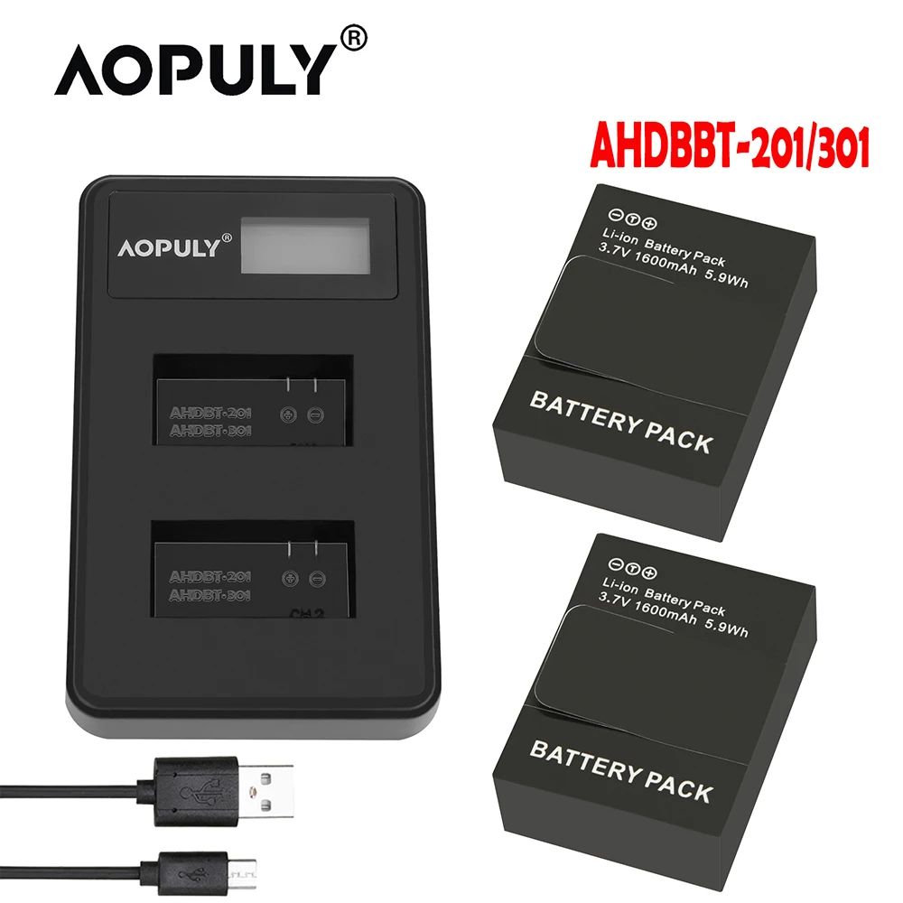 Original aopuly For GoPro Hero3 Hero3+ hero 3 3+ battery +LCD dual charger for go pro AHDBT-301 action camera accessory | Электроника