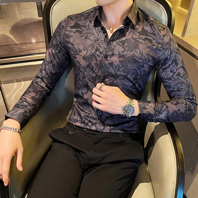 

Loldeal British Style Long-sleeved Shirt Men Slim Floral Batik Lapel Gentleman