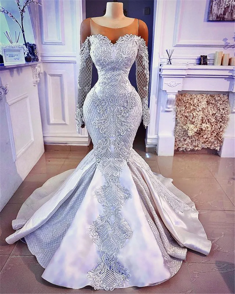 

African Trumpet Wedding Dresses Long Sleeves Sheer Scoop Neck Appliques Lace Up Back Mermaid Bridal Gowns Plus Size Bride Dress