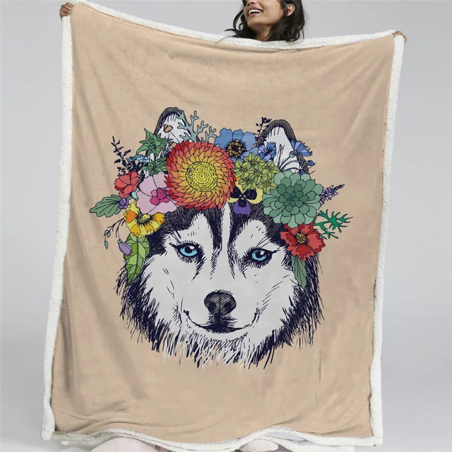 BlessLiving Hippie Husky Blankets For Beds Boho Flowers Sherpa Blanket Animal Microfiber Soft Fluffy Blanket Puppy Dog Bedding 1