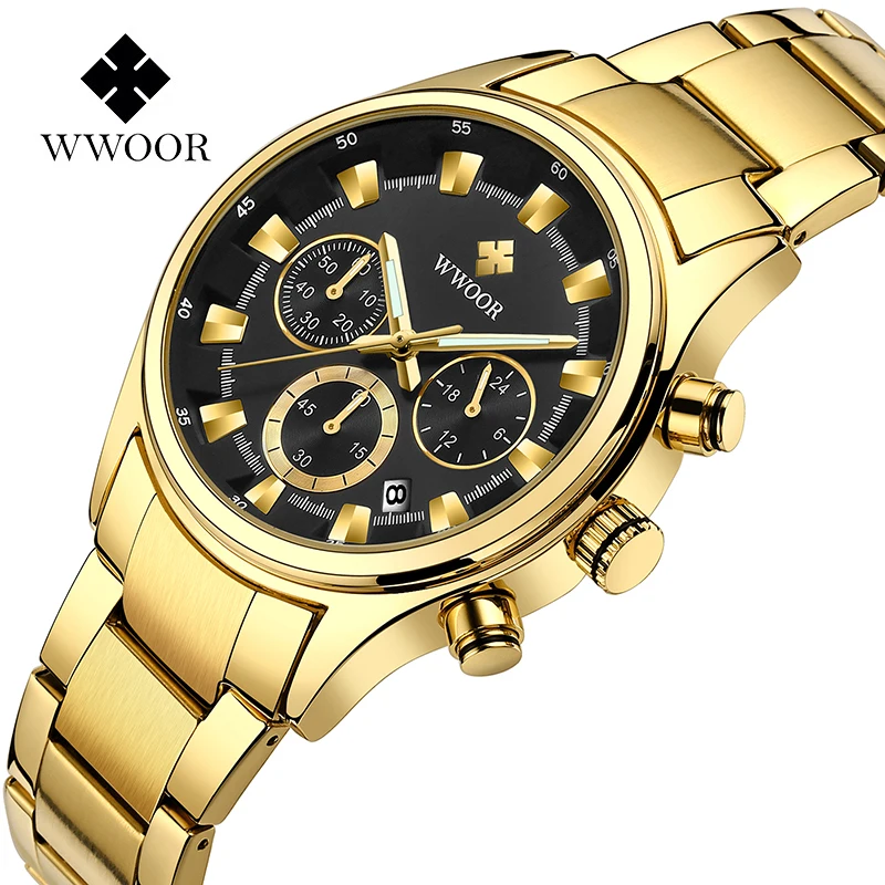 WWOOR Gold Stainless Steel Men Watch Fashion Chronograph Waterproof Quartz Watches Luminous Date Watch For Men Relogio Masculino fortnite watch cartoon kids watch leather quartz stainless steel watch for men women watches boy christmas gift relogio infantil