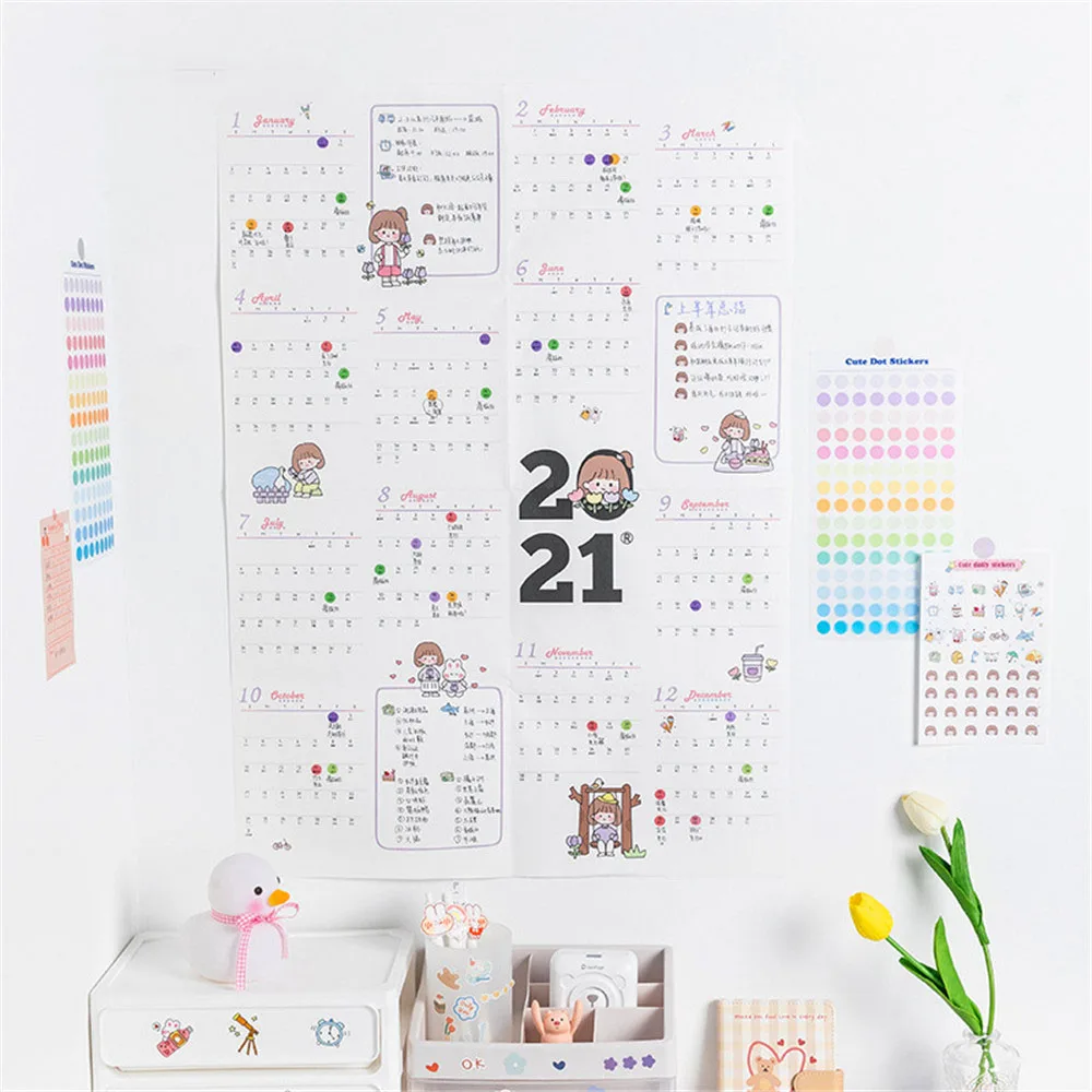 

2021 Cute Cartoon Wall Calendar with Sticker Learning Schedule Periodic Daily Planner Memo Agenda Organizer Office Stationery