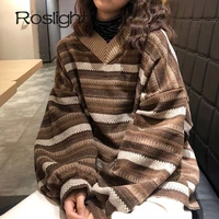 knitted sweaters women casual v neck stripe pullover sweater autumn winter retro jumper harajuku oversized loose sweater