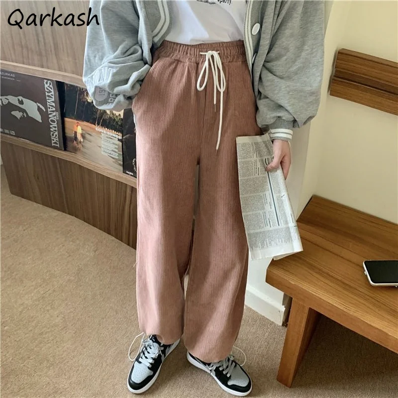 

Thicker Corduroy Pants Women Solid Loose Retro Bundle Casual Teenagers Unisex Couple All-match Trousers Hipster Drawstring Chic