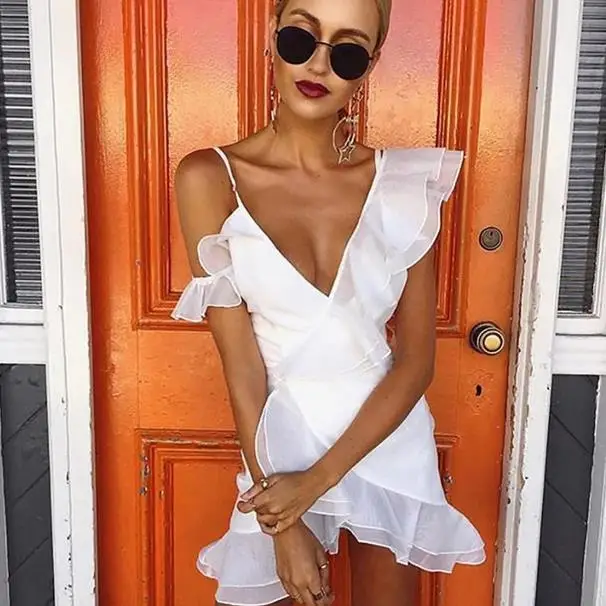 Женское мини платье с открытыми плечами и V образным вырезом|Женские платья| |