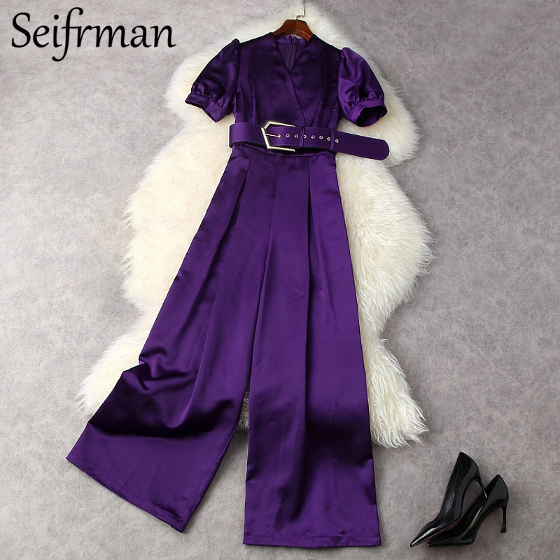 

Женское модельное длинное боди Seifrmann, комбинезон с широкими штанинами, рукавами-фонариками, высокой талией и фиолетовым принтом, Новинка ле...