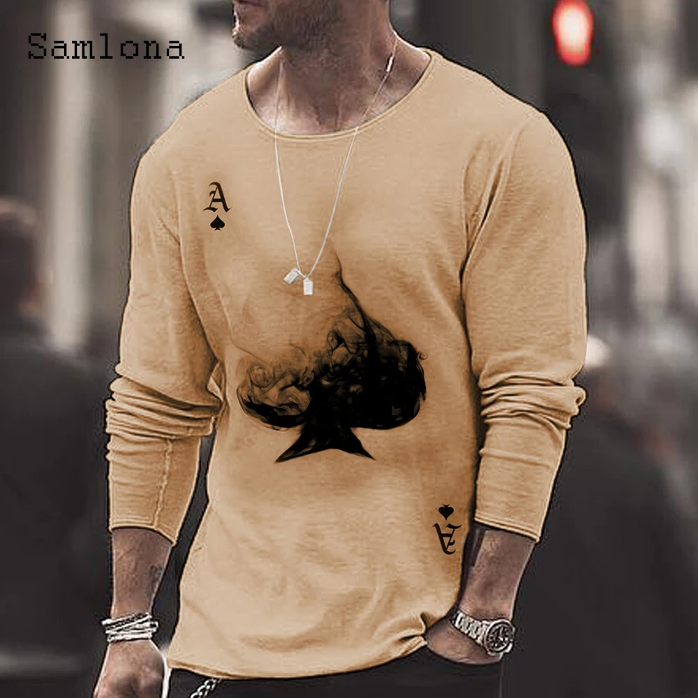 

Samlona 2021 Autumn New Playcard Print Tops Streetwear Mens T-shirt Masculinas Casual Pullovers Plus Size 3xl Men Tees Clothing