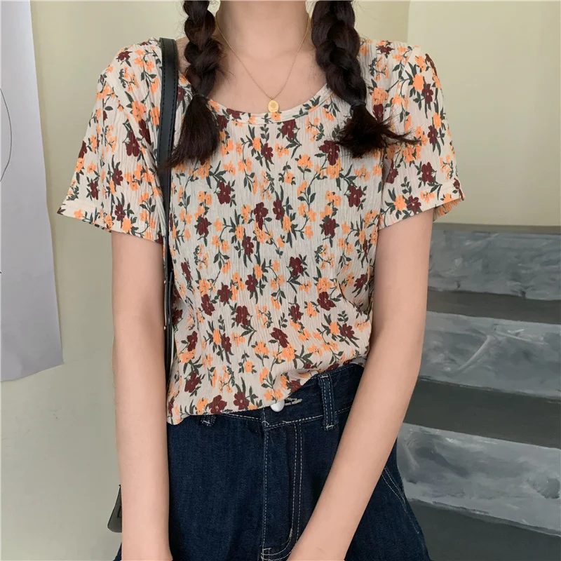 Womens T Shirt Summer New Floral Print Basic Stretch Short Tops Female O Neck Loose Slim Thin Short Sleeve Casual Tees T-Shirts