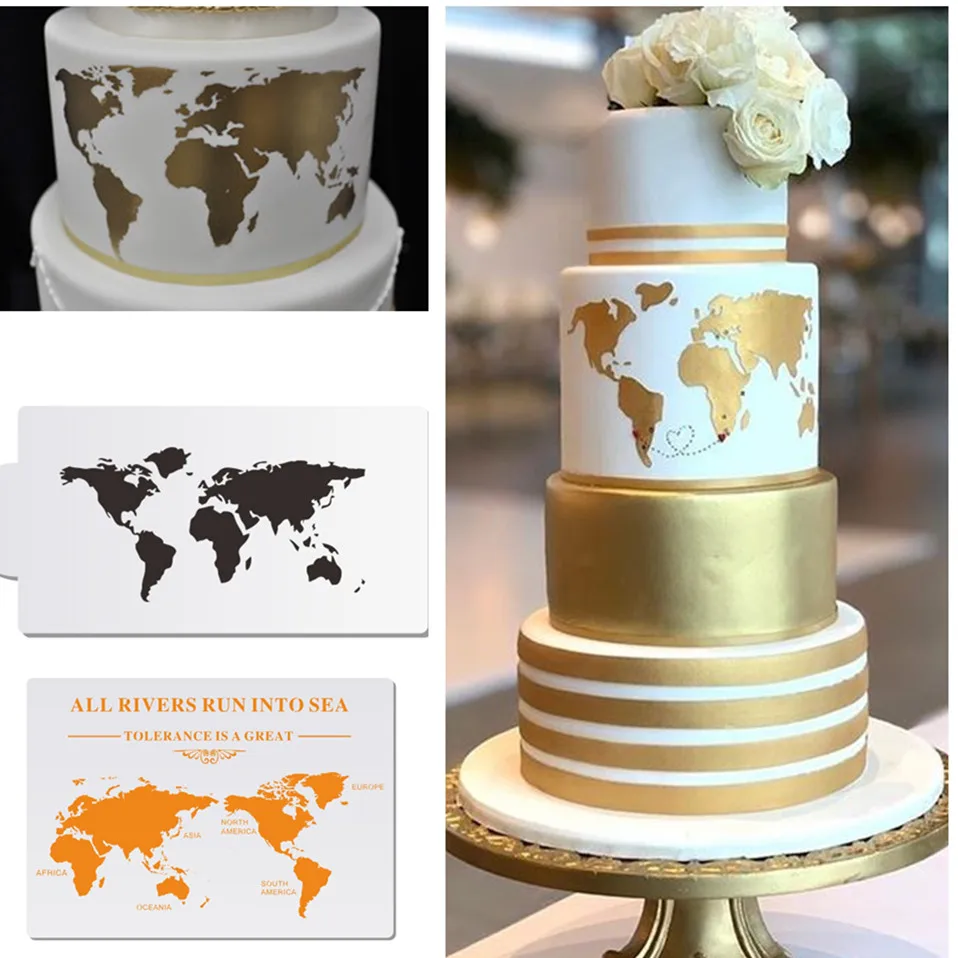 World Map Design Cake Stencil Plastic Cake Border Stencils DIY Drawing Lace Template Cake Mold Cake Decorating Tool Bakeware