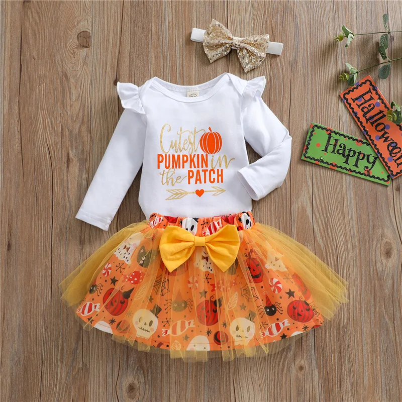 

Костюм на Хэллоуин для маленьких девочек 3 шт., Модный комбинезон с длинными рукавами и круглым вырезом и надписью, юбка-пачка и повязка на го...