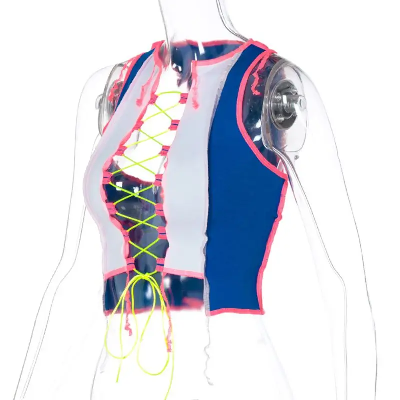 Женский укороченный топ без рукавов с вышивкой в стиле пэчворк цвет блок