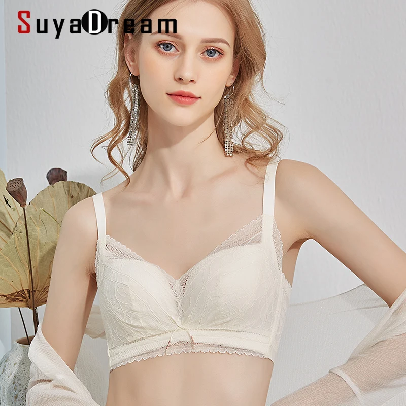 

SuyaDream Women 3/4 Cups Lace Bras 100%Silk Lining Wire Free Padding French Style Bra 2021 Black Intimates