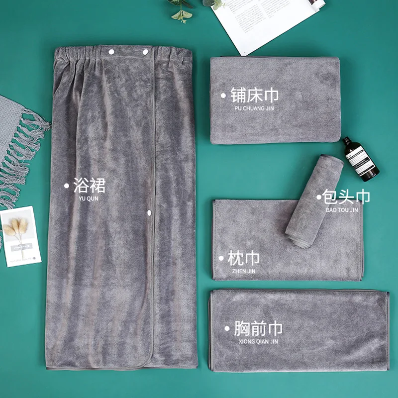 

Five Piece Set Beauty Salon Towel Custom Logo Microfiber Salon Velcro Turban Bed Towel Bath Skirt Set Bath Towels for Adults