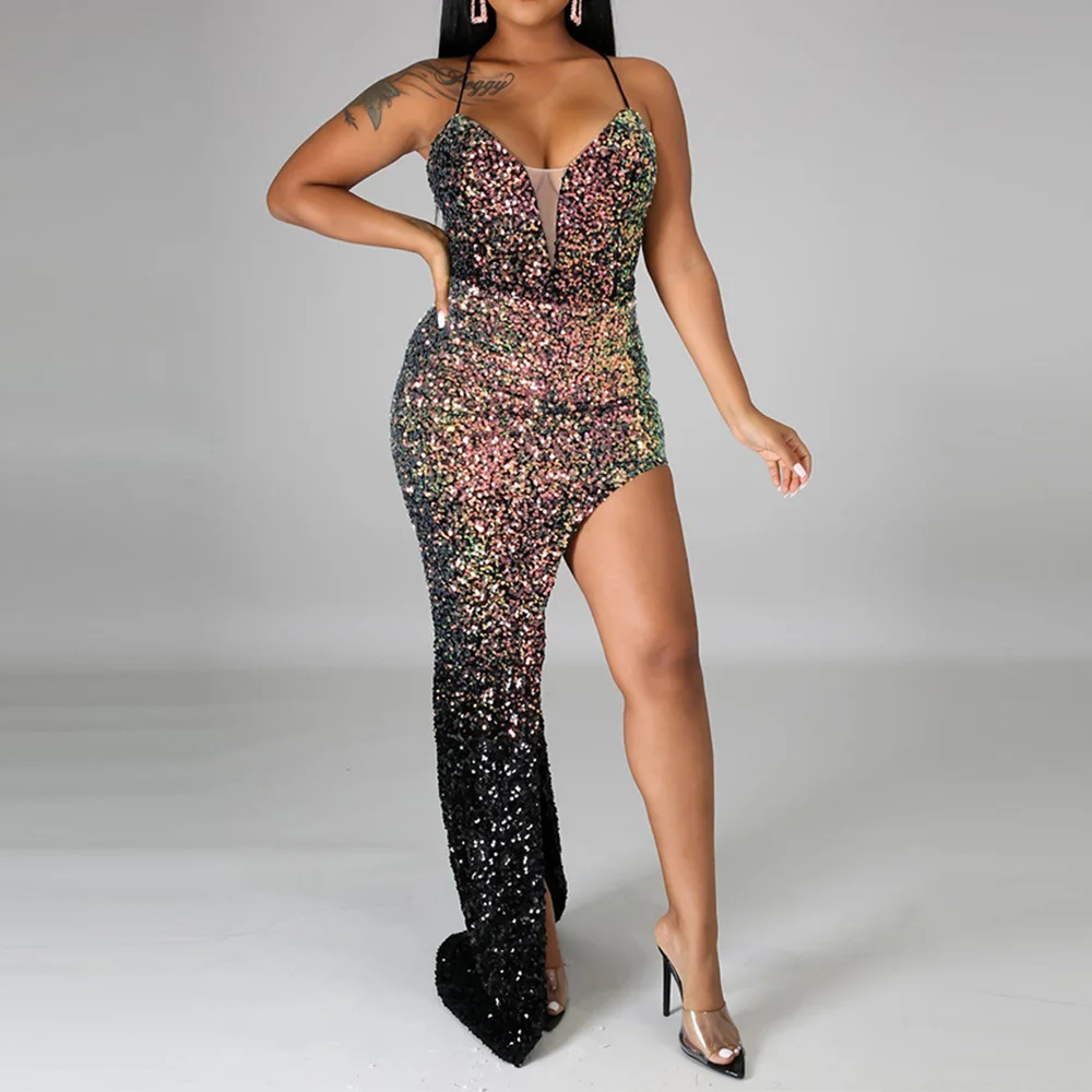 

HAOOHU Glitter christmas dress women sexy spaghetti strap birthday party long maxi robe summer new Plunging Neck femme vestidos