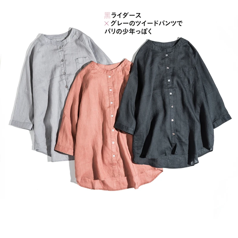 

Summer Women Casual Loose All-match Basic Japan Style Soft Comfortable Breathable Thin Water Washed 17*21 Linen Shirts/Blouses