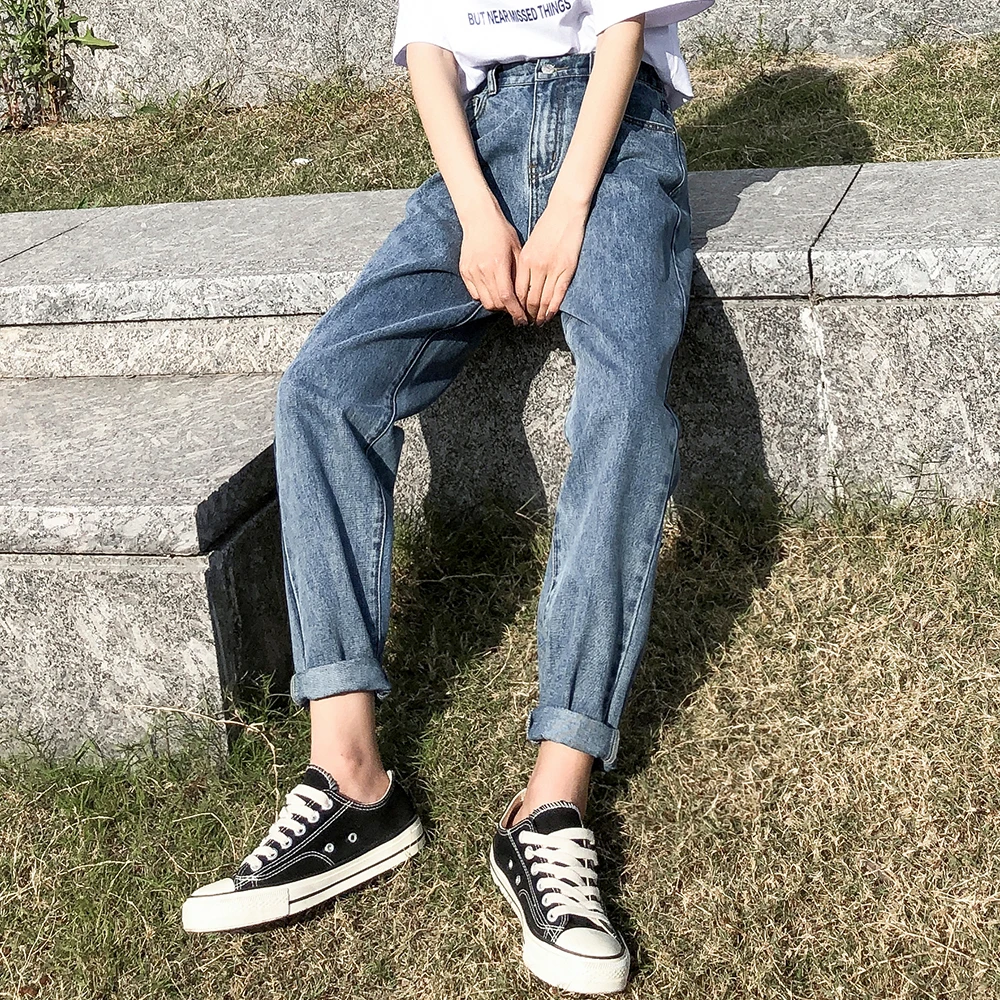 

High Waist Jeans Woman Plus Size Street Style Elastic Waist Denim Pants Cotton Loose Coated Vintage Washed Boyfriend Jeans 2021