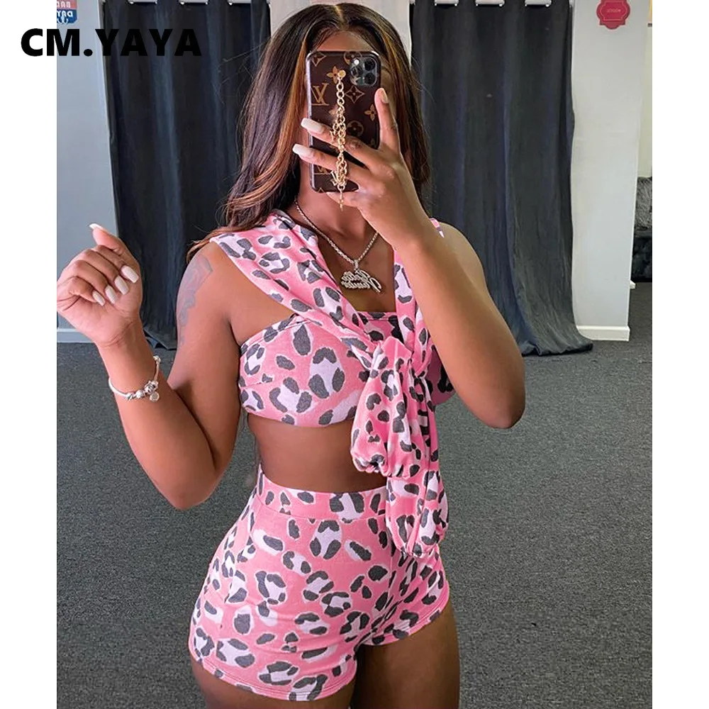 Женский леопардовый спортивный костюм CM.YAYA комплект из укороченного топа с