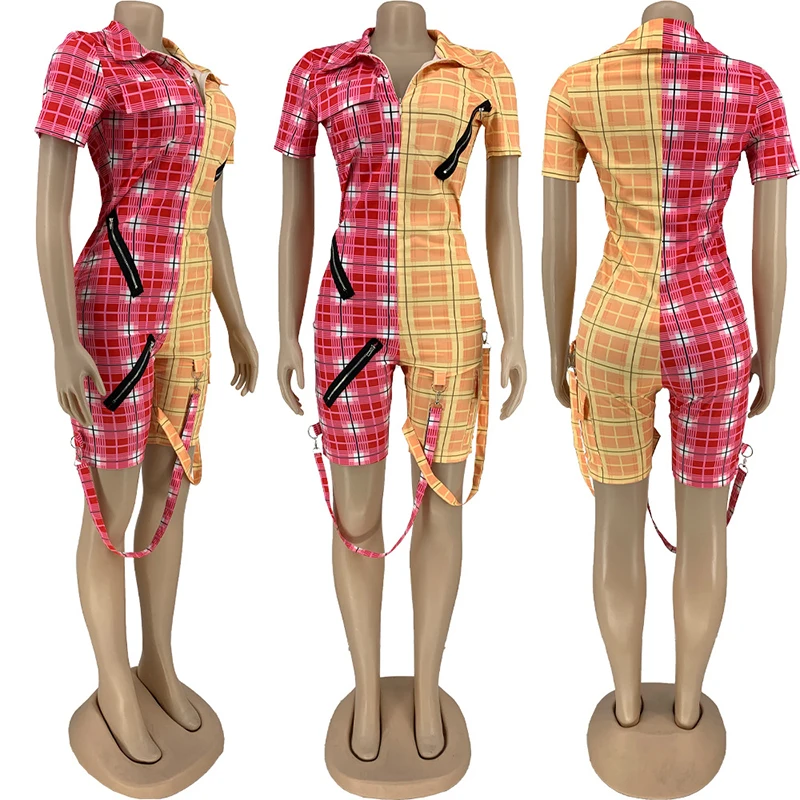 

ZKYZWX Sexy Plaid Bodycon Playsuit for Women 2021 New Summer Birthday Clothes Bandage Rompers Jumpsuit Shorts One Piece Outfits