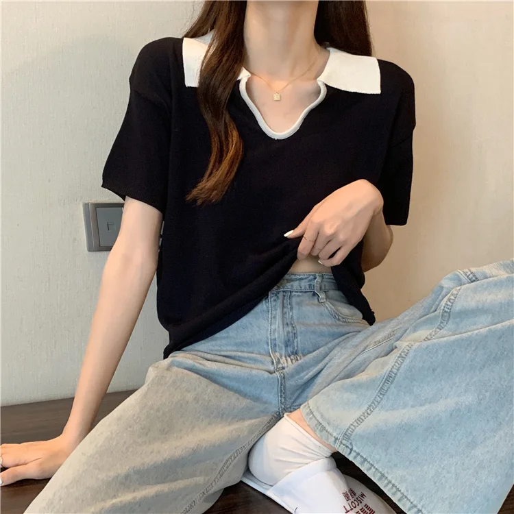 

Женская трикотажная футболка с коротким рукавом, с отложным воротником, из вискозы