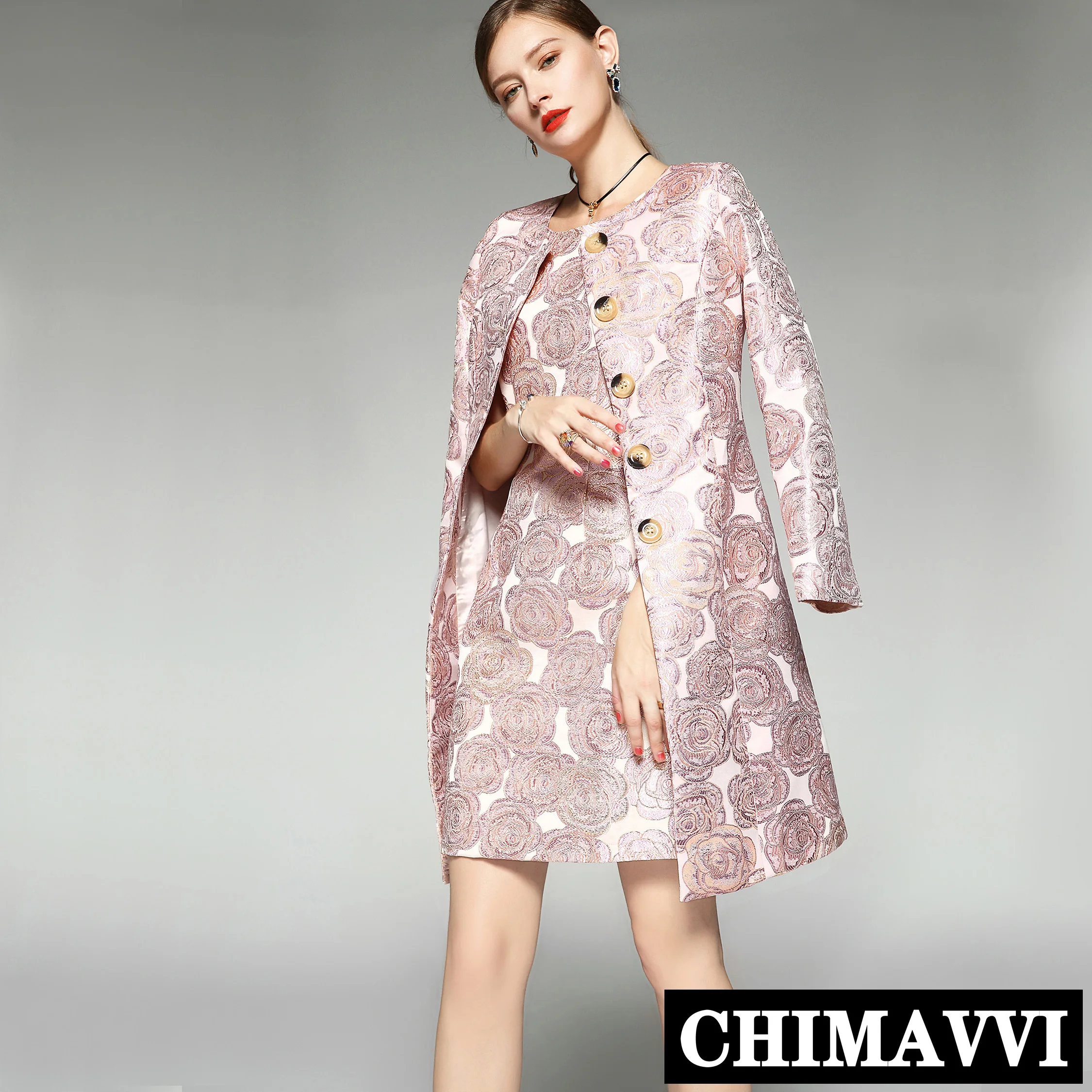 

New Fashion Women's Pink Floral Jacquard Embroidery Long Windbreaker Single-breasted Trench Coat Elegant Lady Windbreakers
