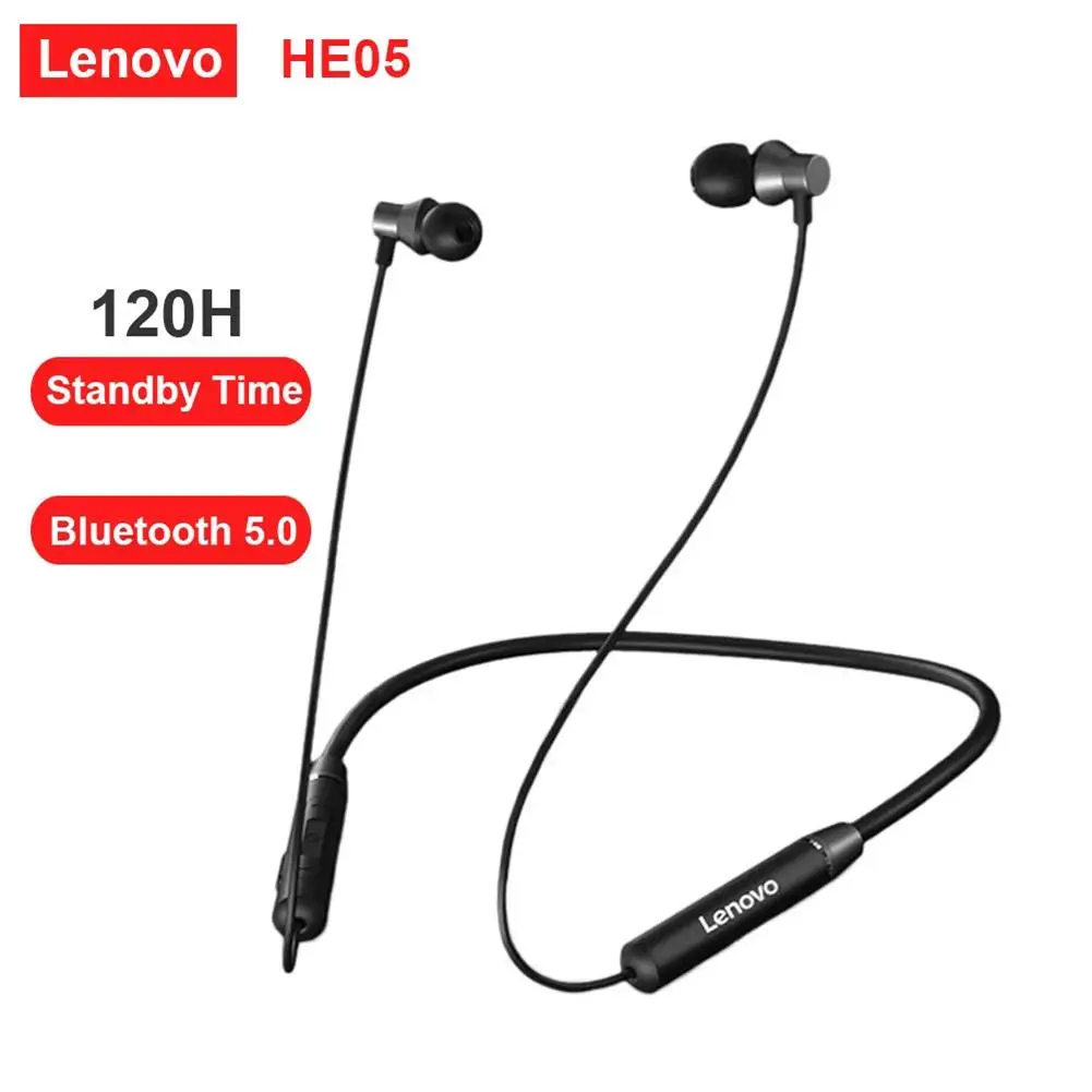

Беспроводные наушники Lenovo HE05 с шейным ободом, Bluetooth 5,0, магнитные спортивные стереонаушники для бега, IPX5 Водонепроницаемая беспроводная гар...