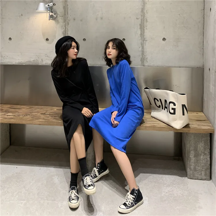 Платье-футболка яркого цвета женское осеннее платье с длинным рукавом