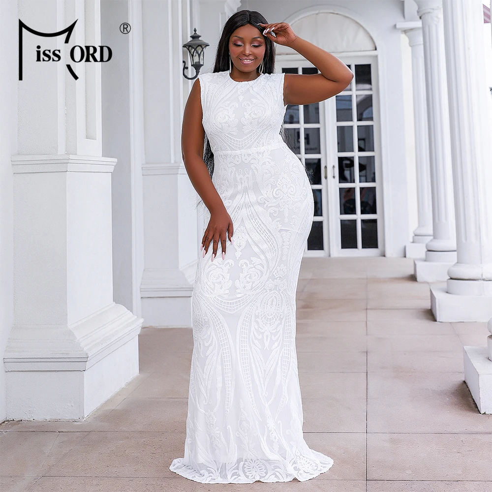 

Missord Plus Size Women Party Dress Off Shoulder Sequin Elegant Sleeveless Large Maxi Evening Long White Dresses Sexy Vestidos
