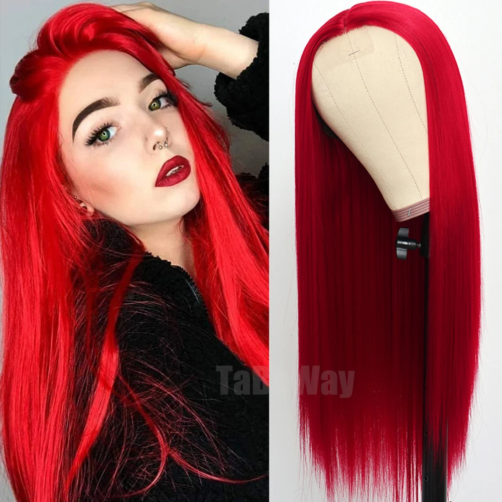 

TaBeWay Red Long Silky Straight Wigs Heat Resistant Synthetic No Lace Wig for Fashion Women Natural Looking Hair Replacement Wig