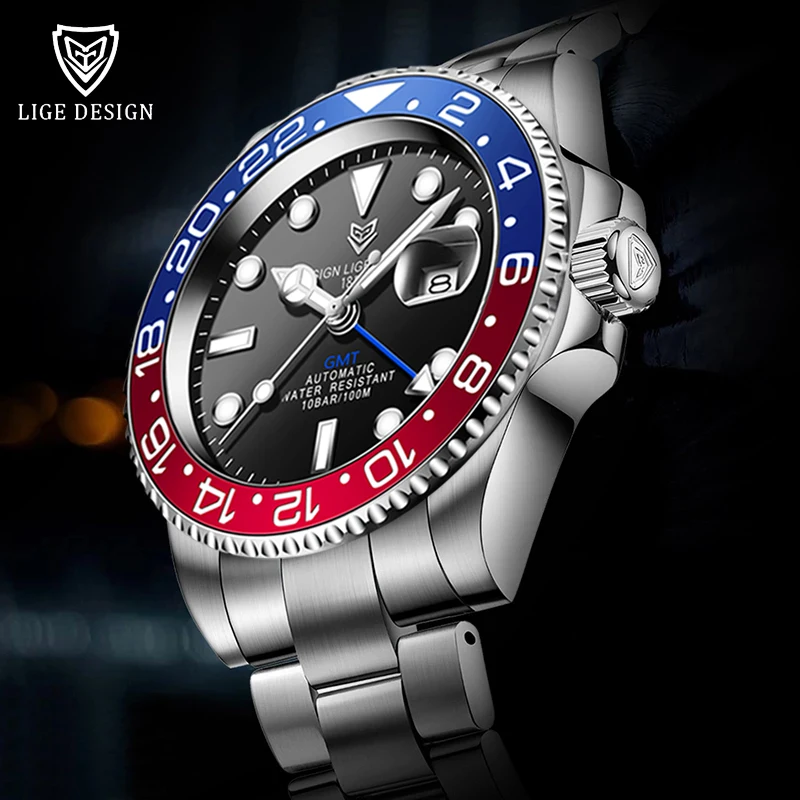 

2020 Новый LLIGE Дизайн Роскошные Для мужчин GMT автоматика часы 40 мм Керамика ободок юбилей ремешок Сапфир 100 м Водонепроницаемый часы