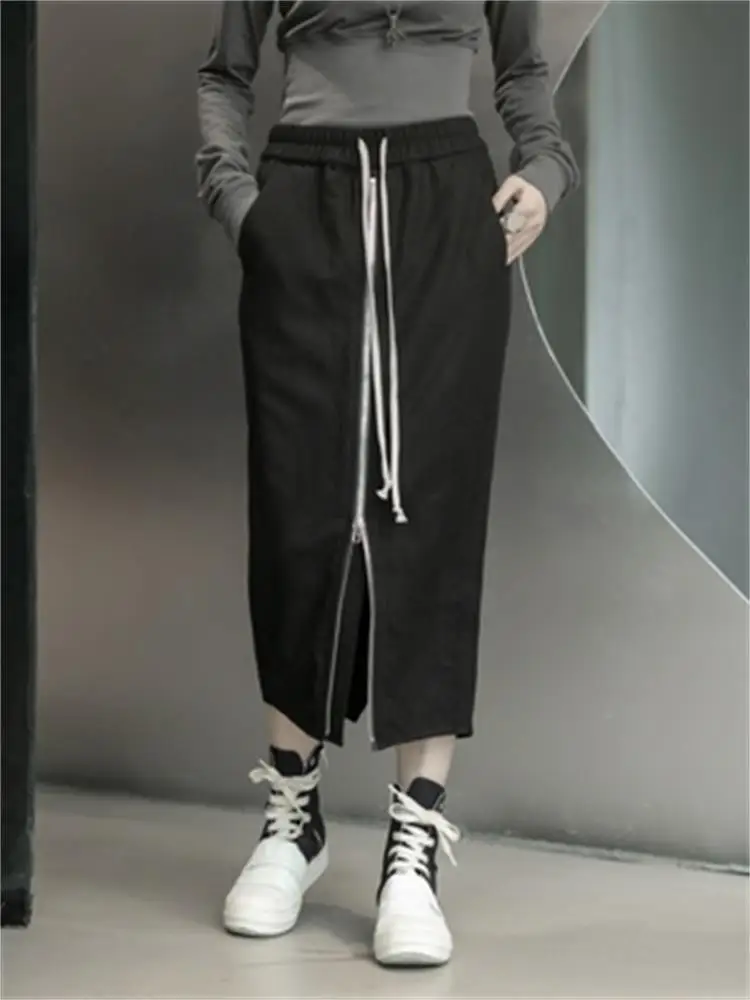 Ladies Straight Skirt Autumn/Winter New Dark Elastic Waist White Ribbon Zipper Design Front And Back Slit Slim Skirt