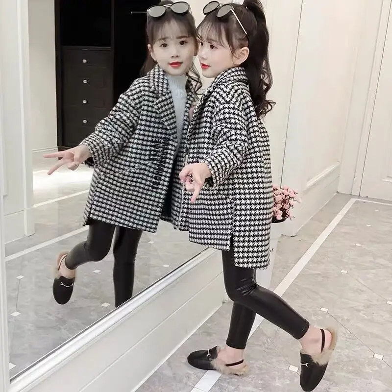 

Children Plaid Cashmere Outerwear Clothing Girls Autumn Woolen Coat Mid-length Thick Wool Blends Teen 4-14t Kids Winter Coats