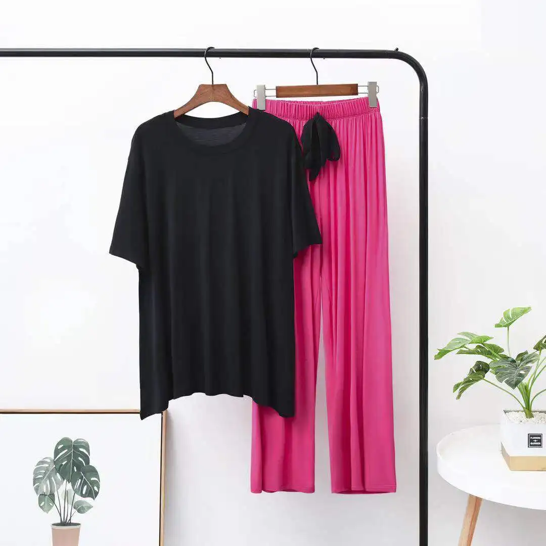 Новая Осенняя женская пижама из модала с круглым вырезом и короткими рукавами, штаны и широкие штаны, цветной домашний костюм пижама